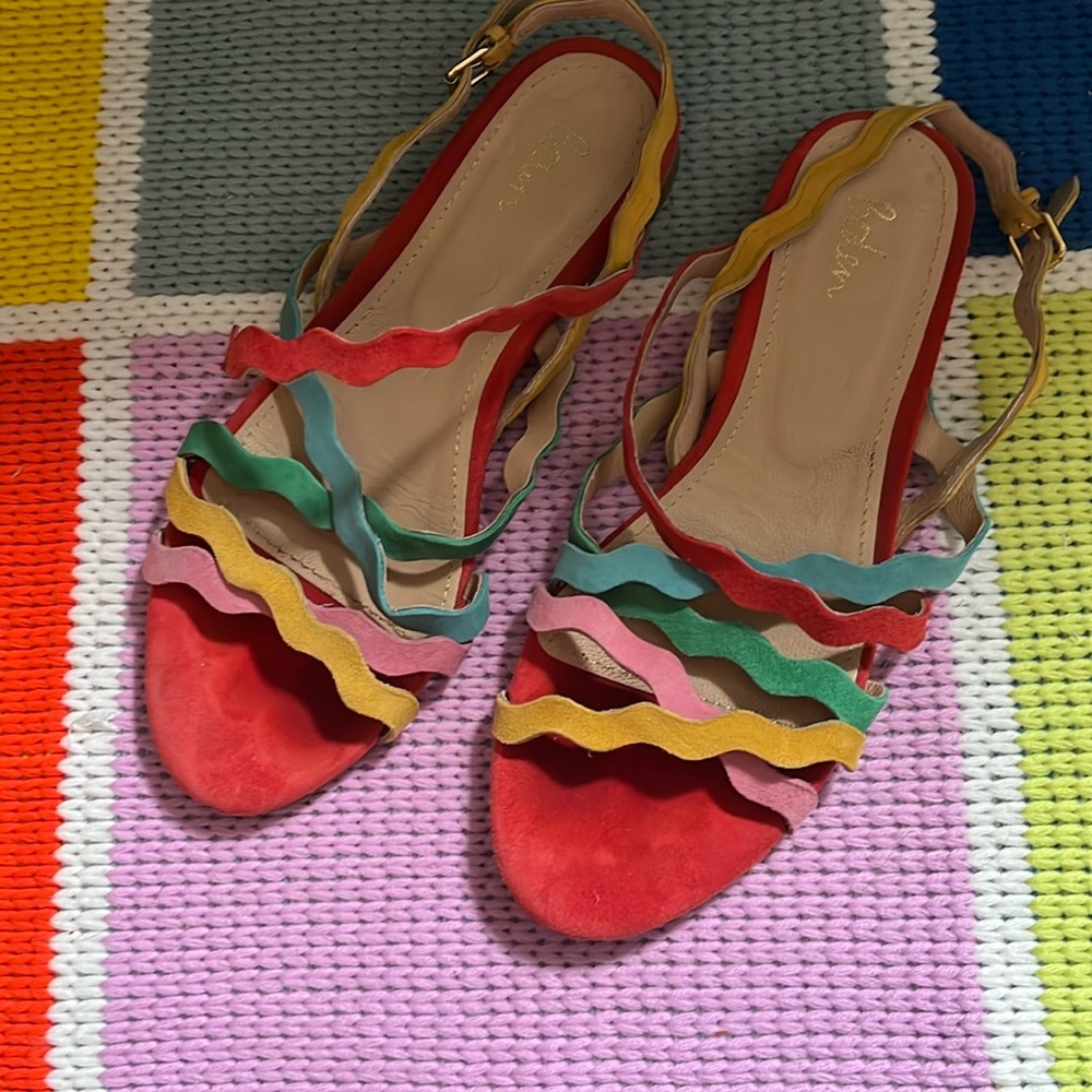 Boden suede sandals ribbon Rick rack ric rack pink red blue yellow green size 7 - Picture 1 of 4